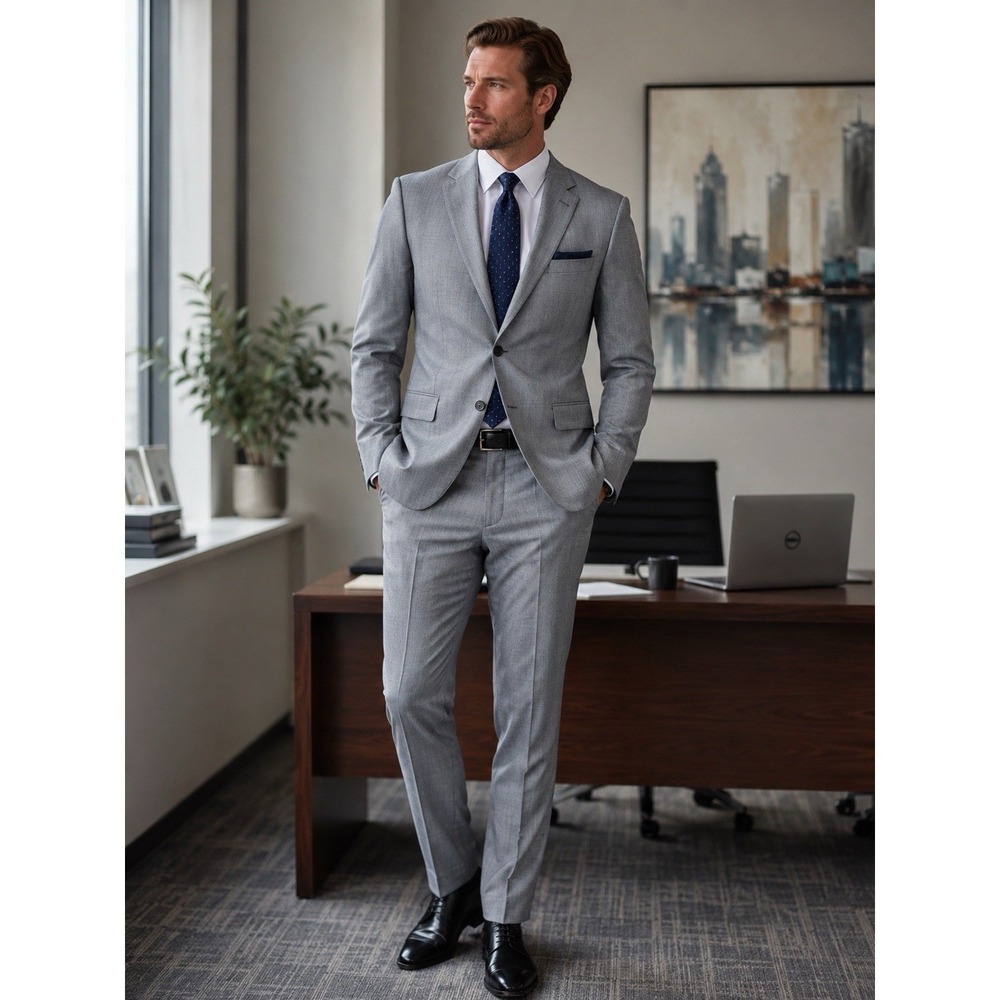 Indochino‎ Mens Light Gray Micro Twill 2 Piece Suit Size 42L  W30 X L 32"